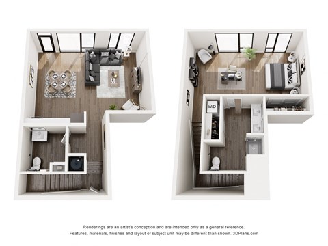 Two images of a small apartment layout.